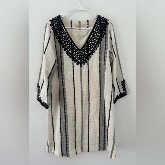 SOFT SURROUNDINGS Coco De Mer Cotton Striped Embroidered Dress W/ Slip Sz Med - Picture 1 of 11